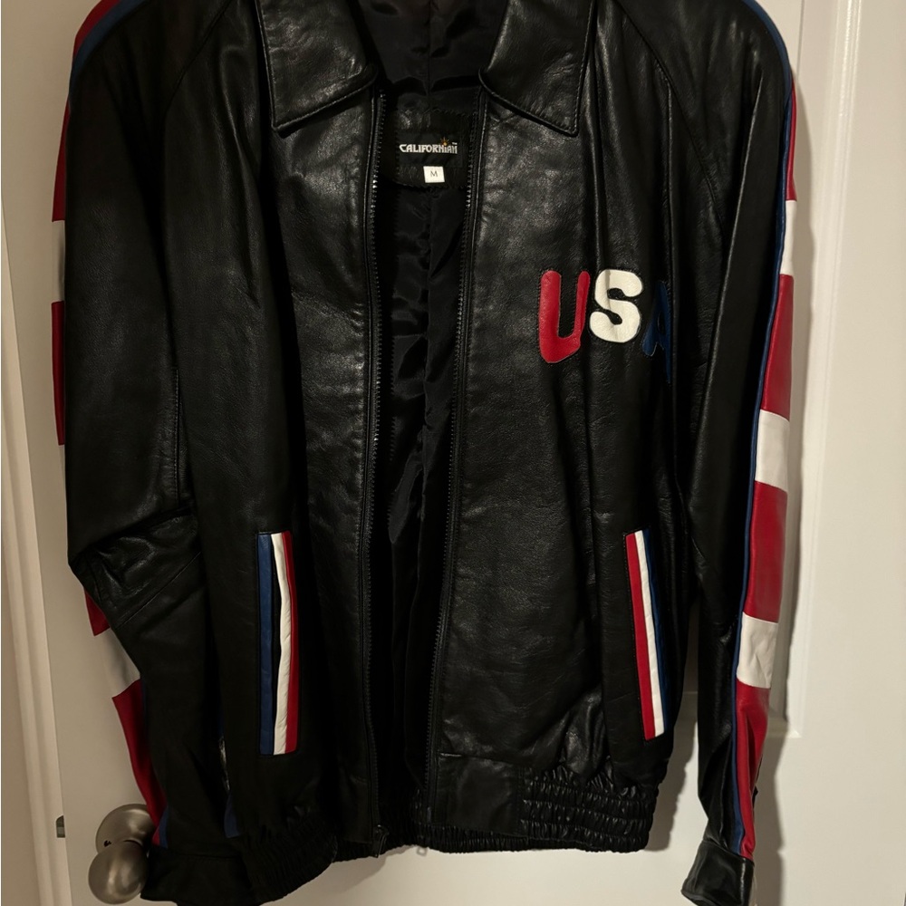 USA Black Leather Bomber Jacket with Red and Blue Accents